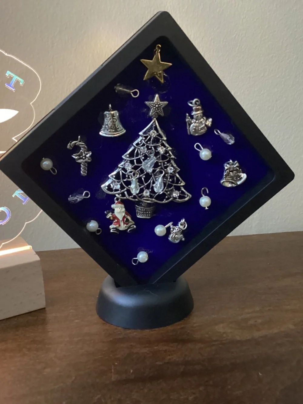 Upcycled jewelry made in art jingle bells Christmas tree charms beads framed